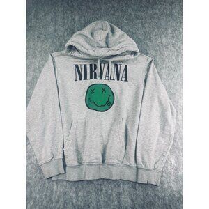 H&M Womens XS Nirvana Gray Hoodie With Green Smiley Graphic Grunge Band Music
